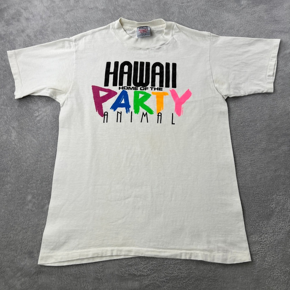 Oneita Hawaii Home of the Party Animal T-Shirt M White Vintage 80s Single Stitch